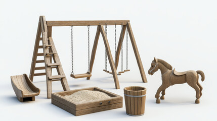 Cartoon set of playground equipment isolated on white background. Vector illustration of sandbox with toy bucket, wooden, swing, ladder, horse spring rocker for childrens outdoor fun and recreation