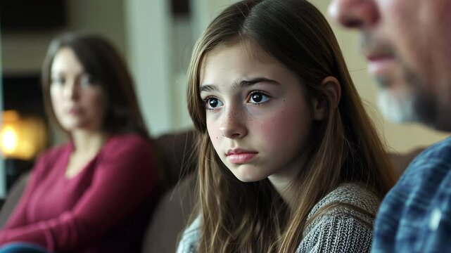 Young teenage brunette Caucasian girl with a concerned look on her face listening to her parents talk on a couch in a contemporary living room.