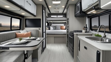A dynamic motorhome illustration emphasizing its detailed interior layout, including a dining area and bedroom, displayed on a pristine white background