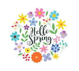 Spring hello greeting clipart design. Hello spring text with colorful flower bouquet in water color drawing clip art decoration elements. Vector illustration floral bunch greeting card.  
