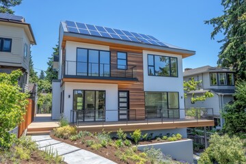Modern two-story home with solar panels, deck, and landscaping.