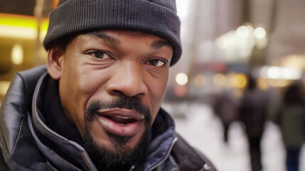 Portrait of a friendly dark-skinned man in his 40s on a New York street. Close-up, bokeh.