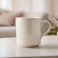 Obraz premium Blank white mug close up mockup on kitchen blur background.