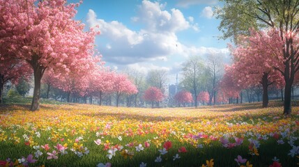 Beautiful blossom trees in a lush spring meadow under a clear blue sky
