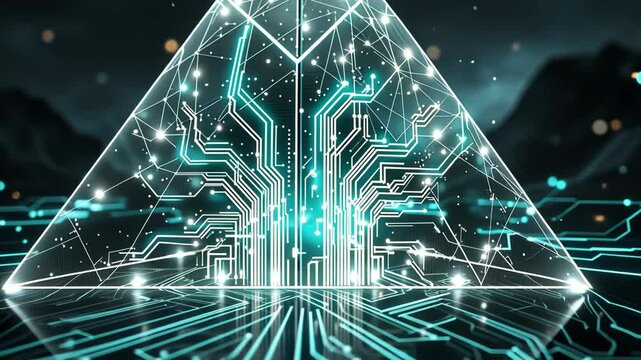 Futuristic circuit pyramid with digital energy pulses in a scifi landscape