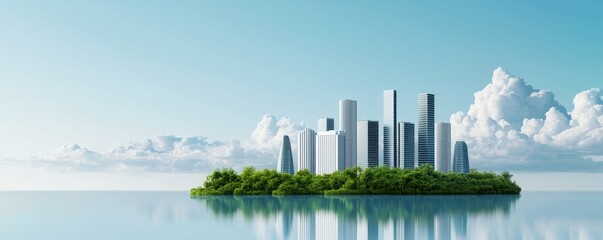 A serene urban landscape features modern skyscrapers on a lush green island, surrounded by tranquil water and a bright blue sky with clouds.