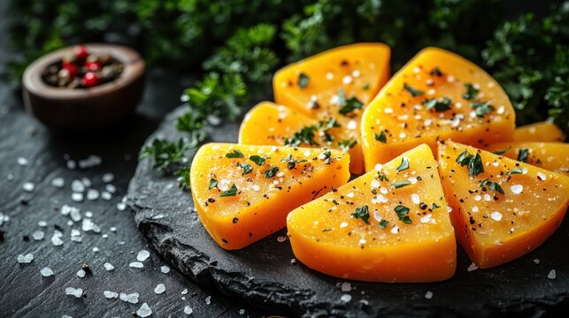 Freshly sliced yellow cheese garnished with herbs and spices on a dark slate plate