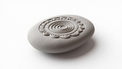 A minimalist photo of a Vipassana symbol engraved on a smooth stone, isolated on a clean white background, symbolizing focus and clarity.