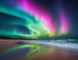 Fleecedeken met foto Aurora Borealis Beach Nightscape: Vibrant Northern Lights Reflecting on Ocean Waves at Night © 'Azyyati