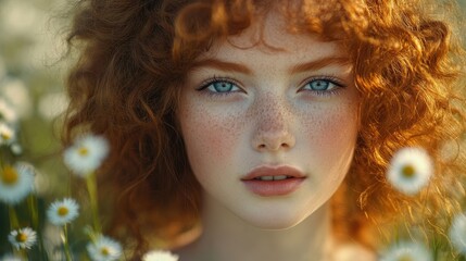 Portrait of young female with red hair surrounded by daisies in a natural setting