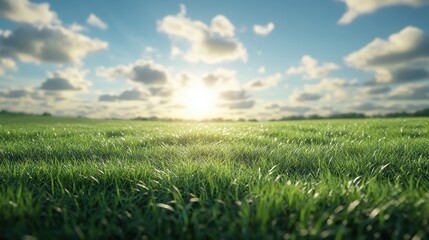 Obraz premium Sunlit green field with blue sky and clouds in the morning