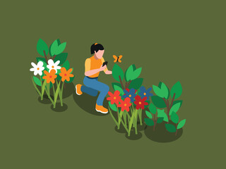 Person Observing Nature and Flowers with a Butterfly 3d isometric vector illustration