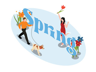 Spring Celebration with People and Flowers 3d isometric vector illustration