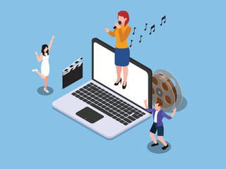 Digital Entertainment and Media Creativity Concept with Laptop and Performing Artists 3d isometric vector illustration