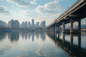 Obraz premium Cityscape Skyline Bridge River Reflection Tranquil Modern Urban Architecture