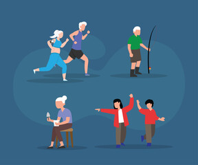 Active Seniors and Family Engaged in Hobbies and Outdoor Activities 2d flat vector illustrations