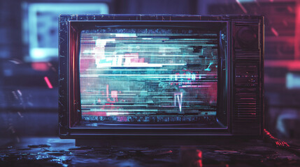 Obraz premium Glitch game effect tv screen with pixel texture background. Vhs digital pattern with retro television graphic design. Signal error broadcast overlay with distortion line art. Wide speed rewind frame