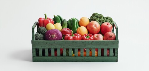 Modern aesthetic of a green crate with produce, 3D visual.