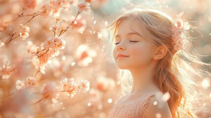 Fototapeta premium Young girl enjoying a spring blossom in a sunlit garden