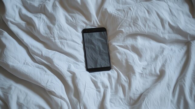 Smartphone on a Wrinkled White Bed Sheet: A Minimalist Morning Scene