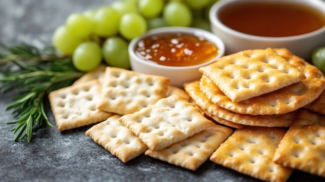 Assorted crackers served with honey, grape clusters, and rosemary on a textured gray background