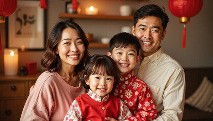 Smiling family in traditional attire at home celebration, Lunar New Year