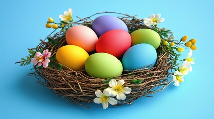  Colored Easter Eggs in a Nest with Spring Flowers on Blue Background. Happy Easter Concept Design for Spring Greeting Card, Poster, and Ads