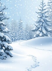 Snowy path winding through a serene winter forest with footprints in the snow and falling snowflakes.