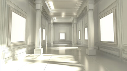 Fototapeta premium White empty art gallery, abstract room background. Museum exhibition hall 3d render. interior with blank frames hanging on walls and pillars, spotlights on ceiling, Realistic vector illustration