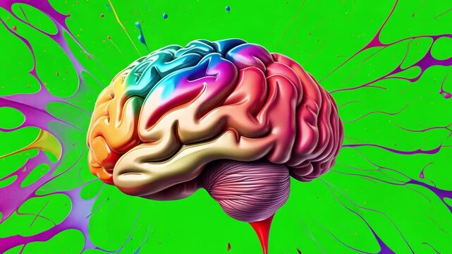 Rainbow Brain Splash: A vibrant, colorful human brain explodes with rainbow paint splashes against a bright green background, symbolizing creativity, imagination, and innovative thinking. 