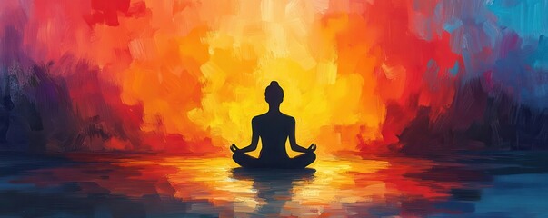 Peaceful meditation at sunset with vibrant colors and water reflection
