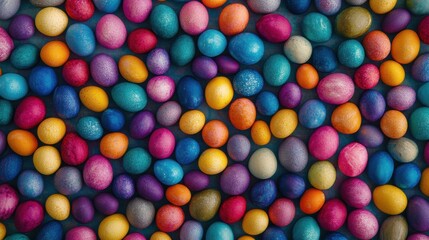 Small multicolored Easter eggs. Spring background. View from above. Flat lay.