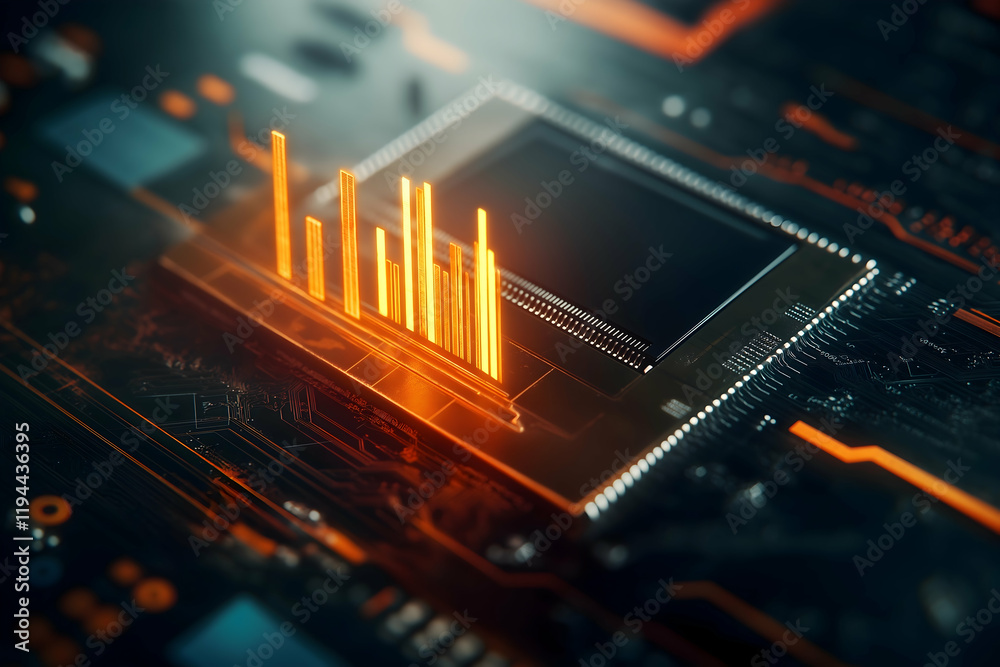 Aufkleber a glowing microchip on a circuit board with vibrant orange signals, symbolizing advanced technology 