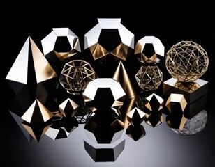 Geometric Shapes: Gold and Silver Metallic 3D Models, Abstract Art Composition