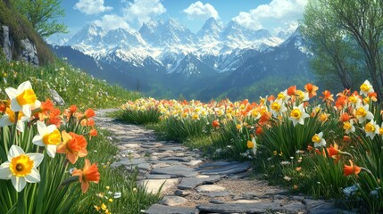 Serene mountain landscape with vibrant wildflowers and scenic pathway