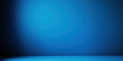 Panoramic abstract blue wall background for product presentation with sunlight and blurred shadows wall. Podium studio background