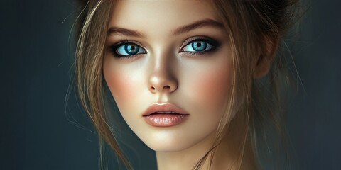 Naklejka premium Stunning portrait of a beautiful young girl showcasing her makeup artistry, featuring cute smoky eyes that enhance her charm. The model captures attention with her captivating look and style.