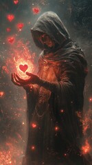 Obraz premium A mystical figure holding a glowing heart.