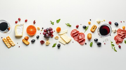 A stylish appetizer layout showcasing Italian wine, Camembert cheese, grapes, olives, croutons, and meat snacks, set on a minimalist white background for a luxury concept