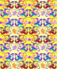 Beautiful seamless pattern with fantasy peacocks, flowers and leaves. 