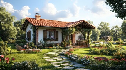 Charming cottage in lush garden with pathway on sunny day