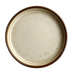 Beige ceramic plate with brown rim, isolated on white background. Empty dish, speckled design, overhead view.