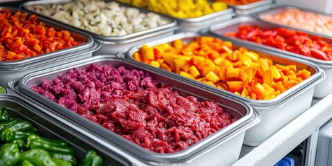 Obraz premium A vibrant display of fresh, colorful chopped vegetables in stainless steel trays, showcasing a variety of textures and hues.