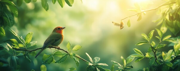 Colorful bird and butterfly interaction in sunlit lush greenery