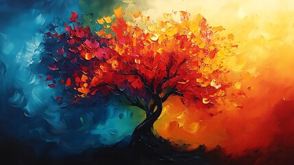 Vibrant autumn tree painting, colorful background, art print