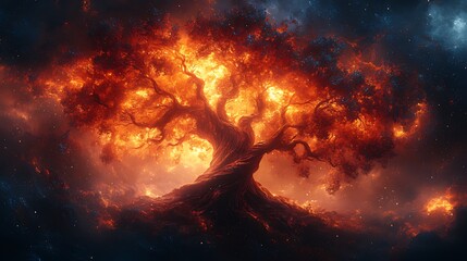 Fiery cosmic tree ablaze, nebula background, fantasy art