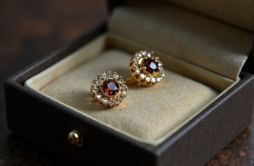There are gold jewelry on the table, a jewelry store background, free space for text on the right
