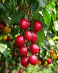 Obraz premium Lush Red Fruits Hanging on Green Branches Vibrant Nature Scene Summer Harvest
