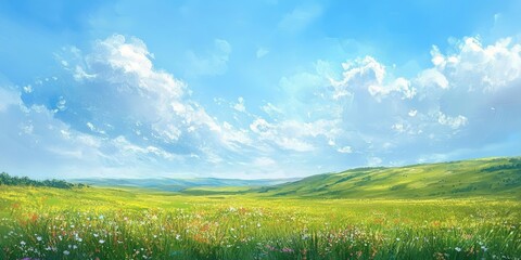 Fototapeta premium Under a light layer of clouds in the blue sky, a meadow extends over an endless landscape of gentle hills. This lush meadow features vibrantly colored grass in various striking shades of green.