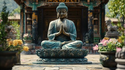 Serene buddhist statue in peaceful garden with lush greenery and flowers